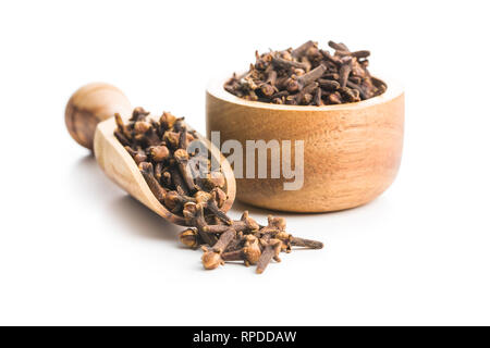 Carnation, dried clove spice in wooden scoop isolated on white background. Stock Photo