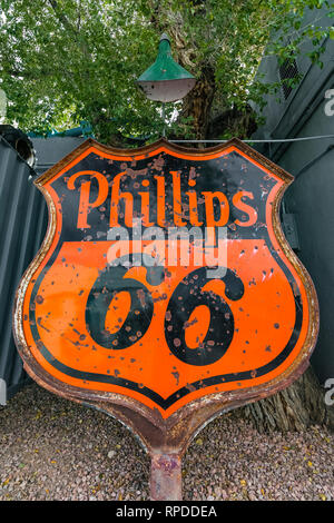 Old Phillips 66 gas station sign at 66 Diner, a nostalgic restaurant along Historic Route 66 in Albuquerque, New Mexico, USA [No property release; lic Stock Photo