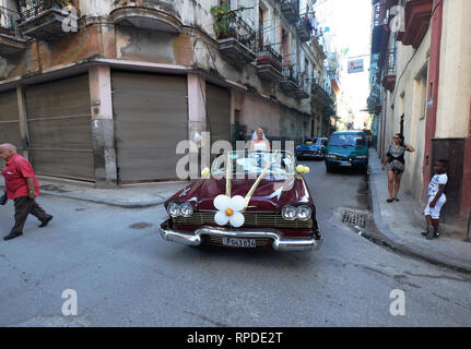 Newly weds celebrate their wedding with a tour of Havana in an open top classic car, Habana vieja,Cuba Stock Photo