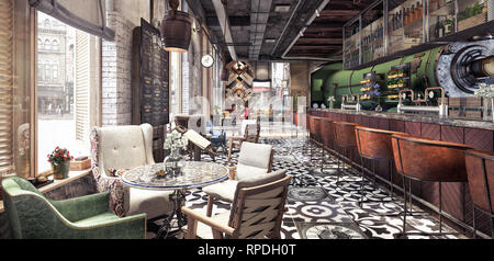 Concept design of modern Restaurant lounge bar 'Train Station' 3D Rendering Stock Photo