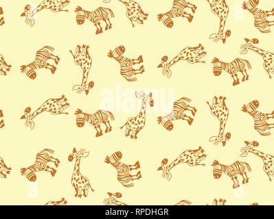 Vector seamless pattern with cartoon animals. This is a funny giraffe and zebra in orange colors. Stock Vector