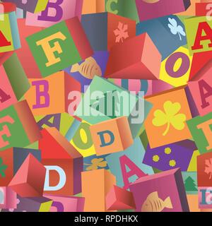 The illustration shows a seamless pattern with children's toy cubes. Illustration is made for the individual layers, with the clipping mask. Stock Vector