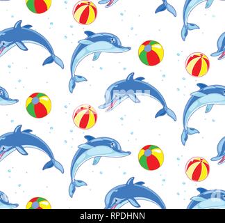 The illustration shows a seamless pattern for childrens textiles with blue dolphins . Done in cartoon style, isolated on white background Stock Vector