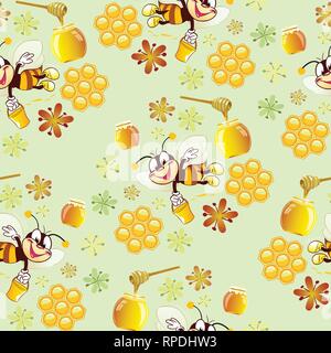 The illustration shows a vector seamless pattern with funny bees, which are collecting honey, on the background flowers and honeycombs. Illustration d Stock Vector