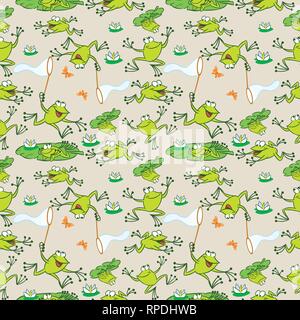 The illustration shows seamless pattern with funny cartoon frogs. Made in a vector on separate layers. Stock Vector