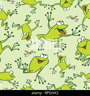 The illustration shows seamless pattern with funny cartoon frogs. Made in a vector on separate layers, isolated on white background. Stock Vector