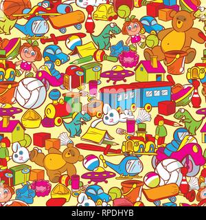 The illustration shows a vector pattern with lots of different toys. The is made seamless pattern, objects on separate layers. Stock Vector