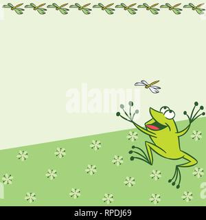 The illustration shows the pattern with cartoon frog that catches a dragonfly on a green background. There is a place for text, on separate layers. Stock Vector