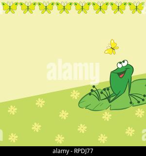 The illustration shows the pattern with cartoon frog that catches a butterfly on a green background. There is a place for text, on separate layers. Stock Vector