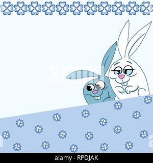 The illustration shows the pattern with two cartoon rabbits on a blue background. There is a place for text, on separate layers. Stock Vector