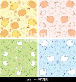 The illustration shows two patterns with lambs. Variants in a different of colors for children's products. Done in a cartoon style, on separate layers Stock Vector