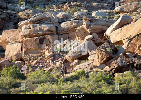 Two women walkers leaving the petroglyphs near Wolfe Ranch and Delicate Arch in Arches National Park, Utah, America Stock Photo
