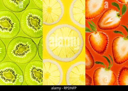 Strawberrie, Kiwi and lemon slices illuminated from below Background Fruits Top view Stock Photo