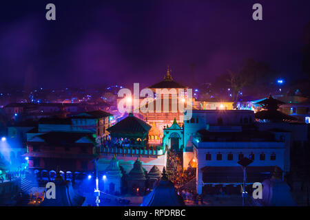 Hindu temple Pashupatinath at night light, Votive temples and shrines in a row at Pashupatinath Temple Kathmandu Nepal. Stock Photo