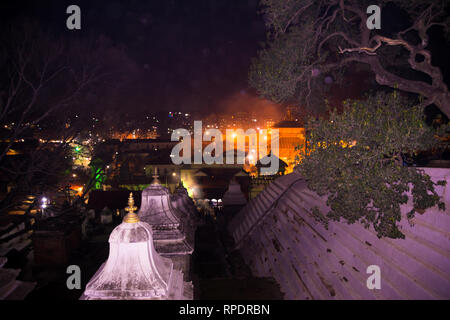 Hindu temple Pashupatinath at night light, Votive temples and shrines in a row at Pashupatinath Temple Kathmandu Nepal. Stock Photo