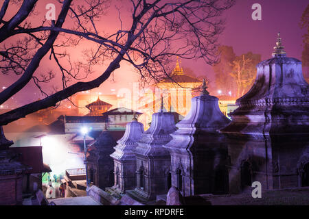 Hindu temple Pashupatinath at night light, Votive temples and shrines in a row at Pashupatinath Temple Kathmandu Nepal. Stock Photo