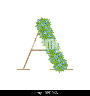 Letter A wooden texture with green leaves and flowers Stock Vector