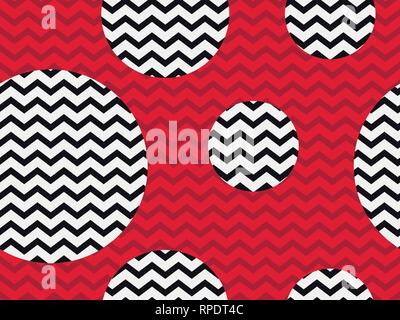 Zigzag seamless pattern with black and red color. Abstract geometric background with circles. Vector illustration Stock Vector