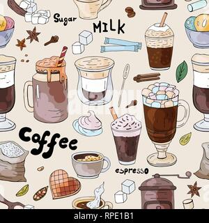 Seamless coffee pattern, vector doodle coffee collection Stock Vector
