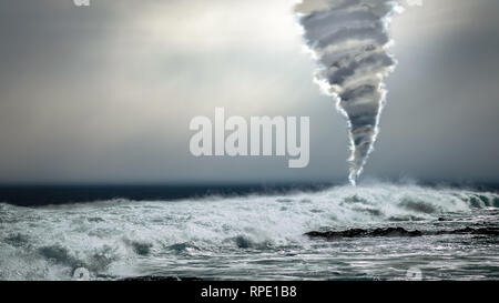 Dangerous storm with powerful tornado twister over the ocean in the background. Extreme weather, climate change and global warming concept montage. Stock Photo