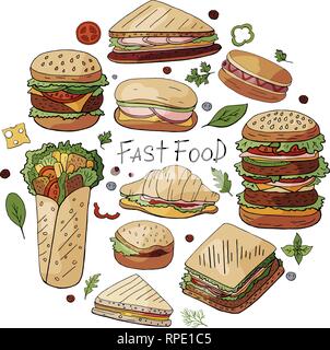 Hand drawn vector set of different types of burgers, sandwiches and hot dogs Stock Vector