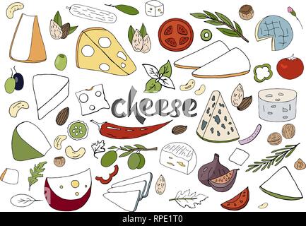 Hand drawn vector set with different types of cheeses, spices and nuts isolated on white background Stock Vector