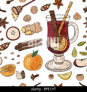 Seamless pattern with mulled wine, fruites and spices on the white background Stock Vector