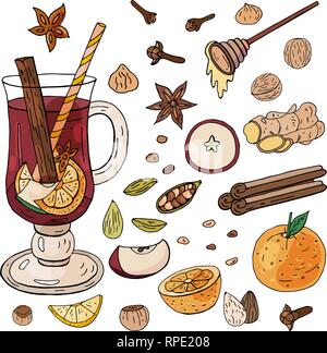 Hand-drawn mulled wine. Ingredients and spices for mulled wine on a white background. Stock Vector