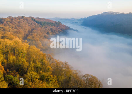 Looking down on the River Wye at Symonds Yat in Gloucestershire seen from Yat Rock  - well, not seen as it is covered in a blanket of mist.