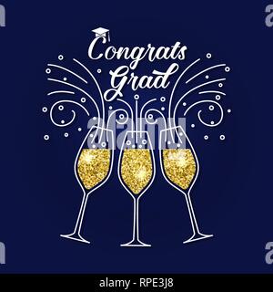 Vector congratulations graduates Class of 2019 badge. Concept for shirt, print, seal, overlay or stamp, greeting, invitation card. Typography design. Graduation design with glass of champagnes. Stock Vector