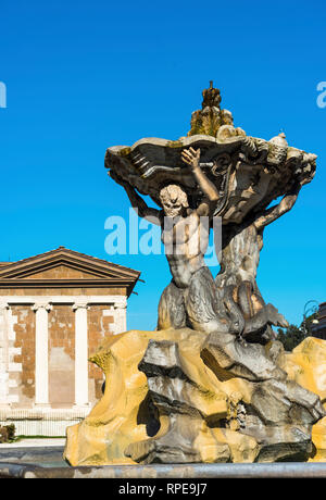 Triton's Fountain or Fontana dei Tritoni with Temple of Portunus, Temple of Fortuna Virilis, in Piazza della Bocca della Verita, Rome, Italy. Stock Photo