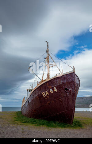 Gardar BA 64 ship wreck beached on the shore of Patreksfjordur. Westfjords, Iceland. Stock Photo