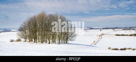 Snow covered winter landscape from Hackpen Hill in the wiltshire countryside. Broad Hinton, Wiltshire, England. Panoramic Stock Photo