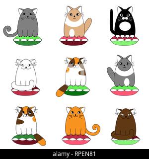 Cartoon cute colorful cats sitting on pillows seamless pattern Stock Vector