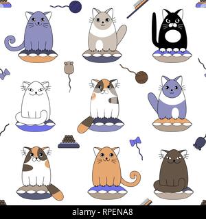Cartoon cute colorful cats sitting on pillows seamless pattern Stock Vector