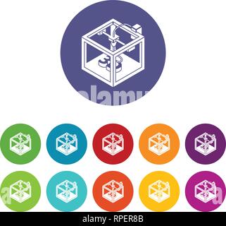 Three d printer icons set vector color Stock Vector