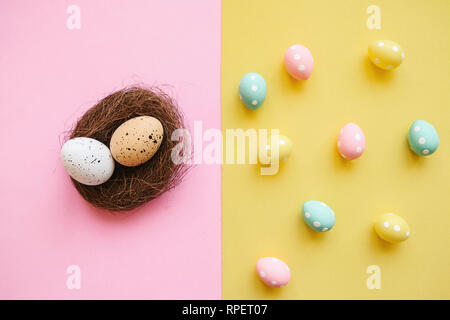 Traditional Easter eggs on a colorful background. Easter celebration background. Stock Photo