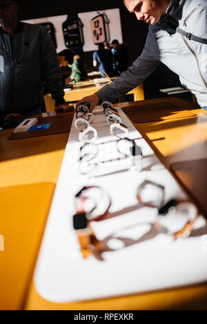PARIS, FRANCE - OCT 26, 2018: Hero object of the latest Apple Watch Series 4 in Apple Store Computers - focus on Hermes Luxury Watch Stock Photo