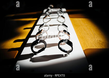 PARIS, FRANCE - OCT 26, 2018: Hero object of the latest Apple Watch Series 4 in Apple Store Computers - strong vignetting Stock Photo
