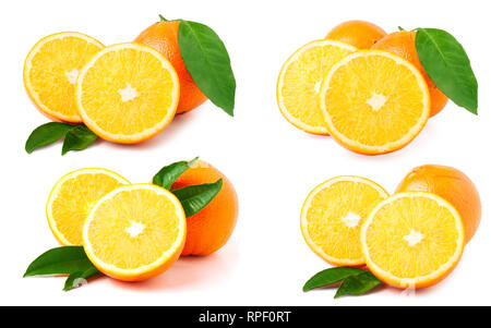 orange with leaves isolated on white background. Set or collection Stock Photo