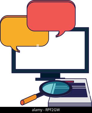 computer with chat bubbles and magnifying glass with document blue lines Stock Vector