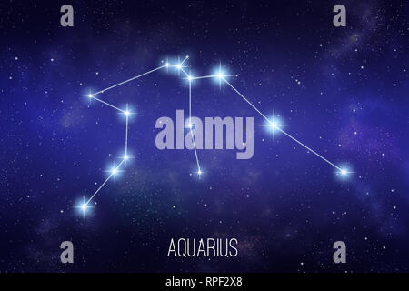 Aquarius zodiac constellation on a starry space background with lettering Stock Photo