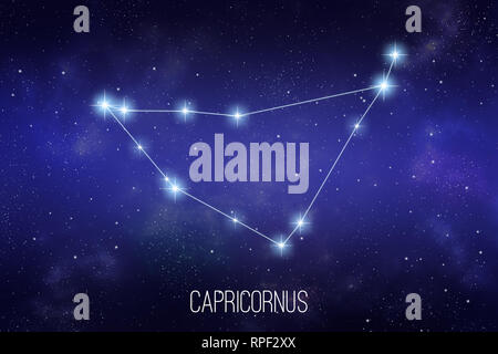 Capricornus zodiac constellation on a starry space background with lettering Stock Photo