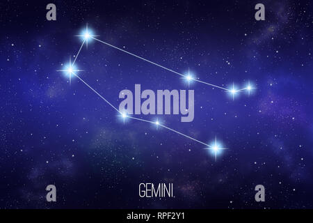 Gemini zodiac constellation on a starry space background with lettering Stock Photo