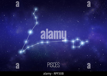Pisces zodiac constellation on a starry space background with lettering Stock Photo