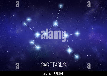 Sagittarius zodiac constellation on a starry space background with lettering Stock Photo