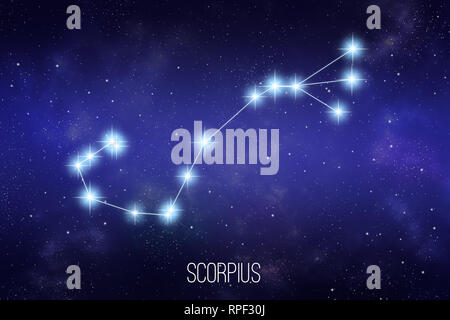 Scorpius zodiac constellation on a starry space background with lettering Stock Photo