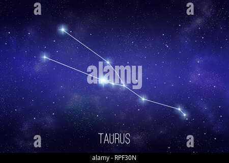 Taurus zodiac constellation on a starry space background with lettering Stock Photo