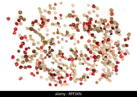 Black, red, green, white peppercorns isolated on white background. Heap of spice. Mix of different peppers. Top view Stock Photo
