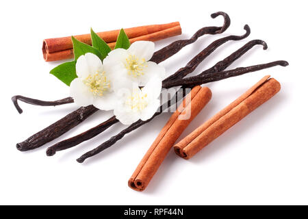 Vanilla sticks and cinnamon with flower isolated on white background Stock Photo